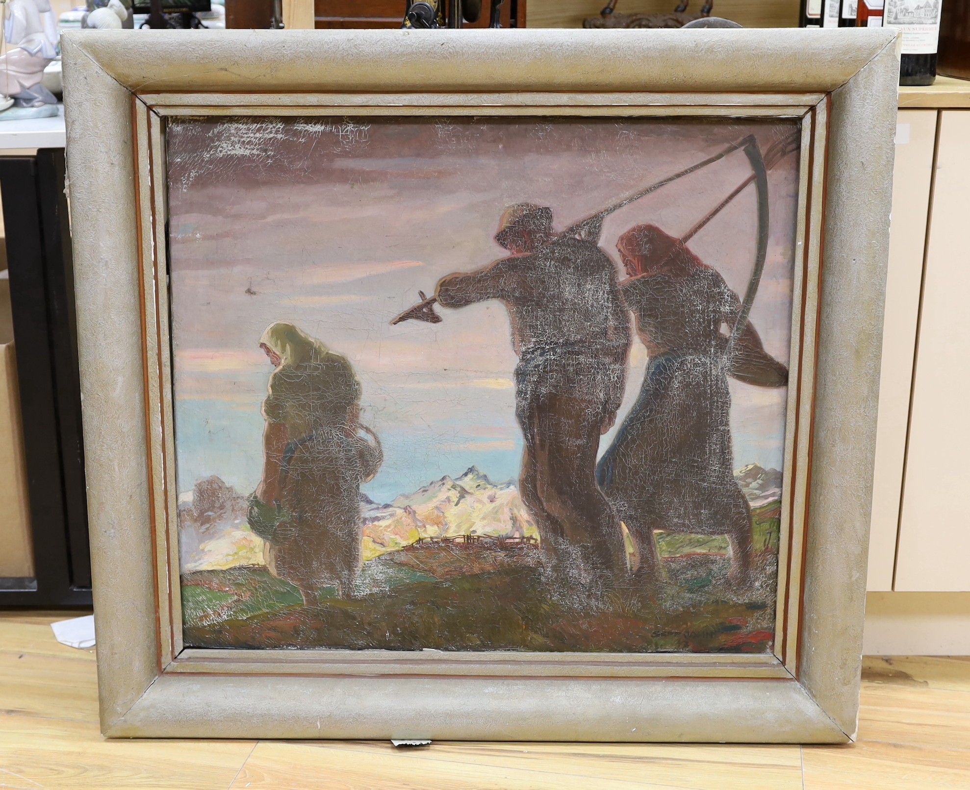 Sepp Jahn (Austrian 1907-2003), oil on canvas, workers heading home, signed Sepp Jahn., German inscription verso commemorating the work of post office workers, dated 1947, 69 x 77cm